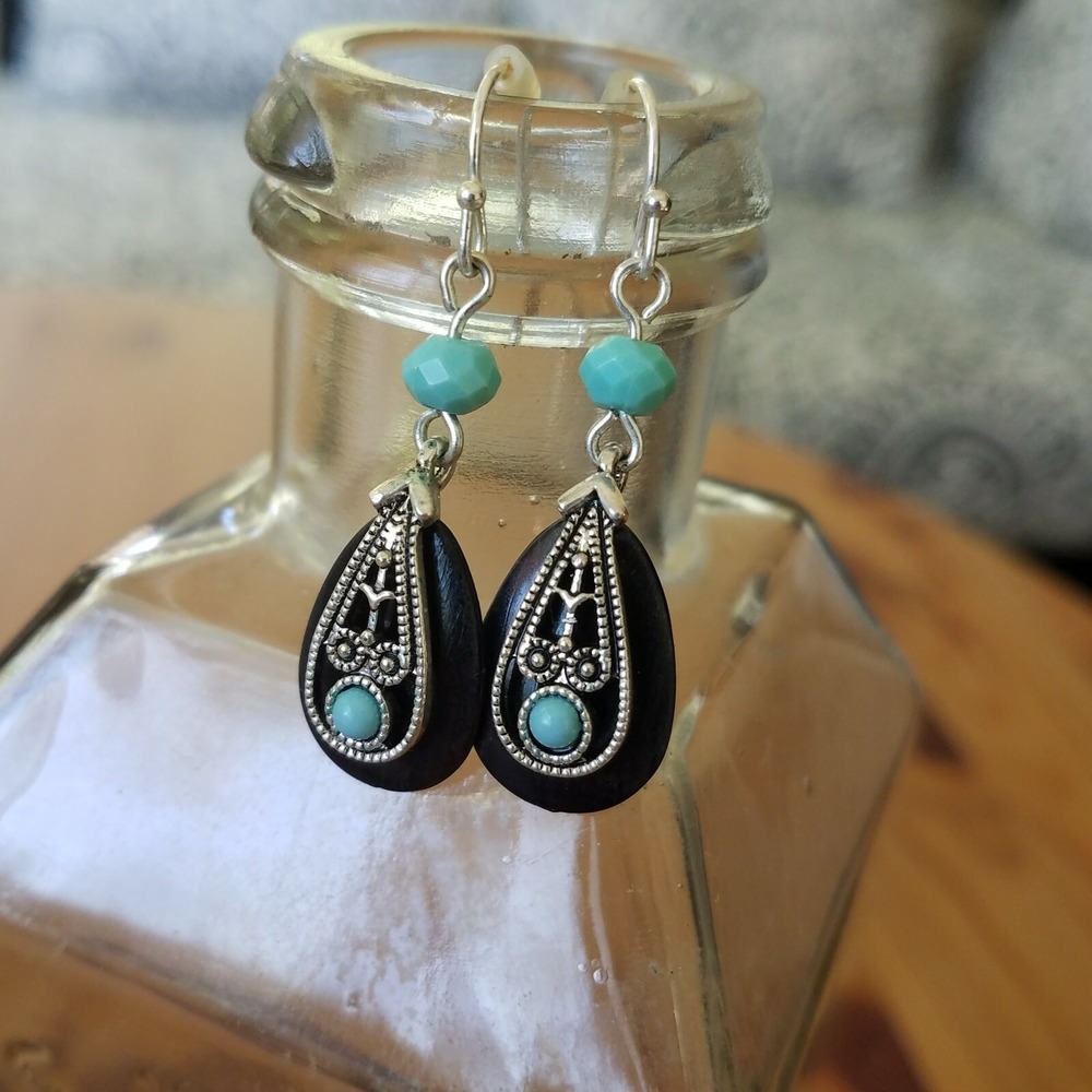 Estate Vintage Black Turquoise Blue Teardrop Dangle Earrings Bohemian Glass Bead